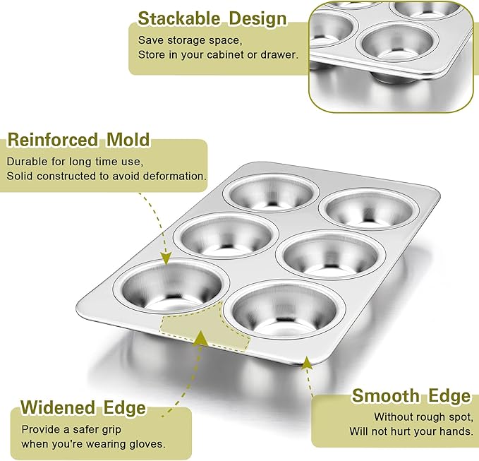 P&P CHEF Muffin Pan Cupcake Baking Pan Set, Stainless Steel Muffin Tin Tray for Mini Cake Tart Quiche, Oven & Dishwasher Safe, Non-toxic & Heavy-duty, (6 Cup, 1Pc)