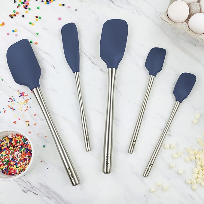 Tovolo Stainless Steel Handled Silicone Spatula Set of 5 Deep Indigo, Dishwasher Safe Kitchen Spatula Set for Cooking Baking, Non Toxic BPA Free Silicone Spatula set with Metal Steel Handle
