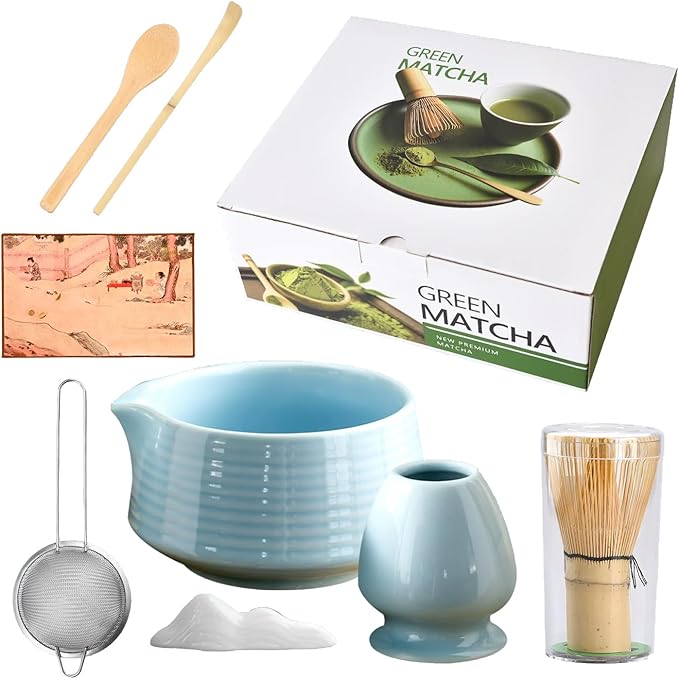 Matcha Whisk Set,Includes Ceramic Matcha Bowl, Bamboo Matcha Whisk and Holder, Bamboo Scoop and Spoon, Scoop Rest, Sifter and Tea Towel,Traditional Japanese Matcha Tea Ceremony Set Gift(Blue)