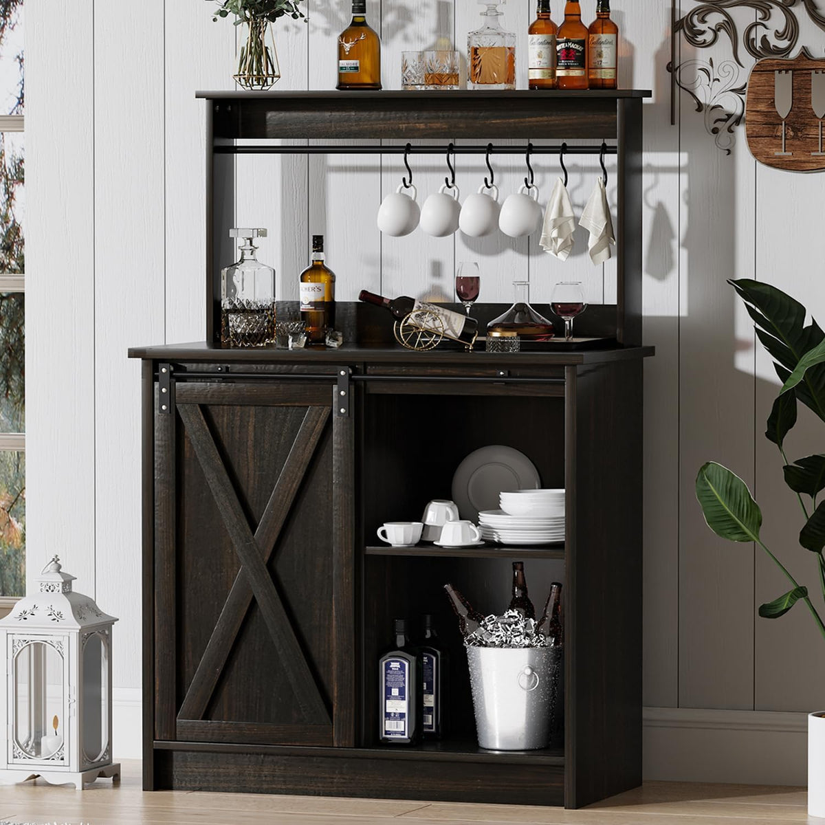 4ever2buy Farmhouse Coffee Bar with Hutch, 31 Inch Buffet Cabinet with Sliding Barn Door, Storage Bar Cabinet with 6 Hooks, Coffee Bar Table with Adjustable Shelves for Living Dining Room, Oak