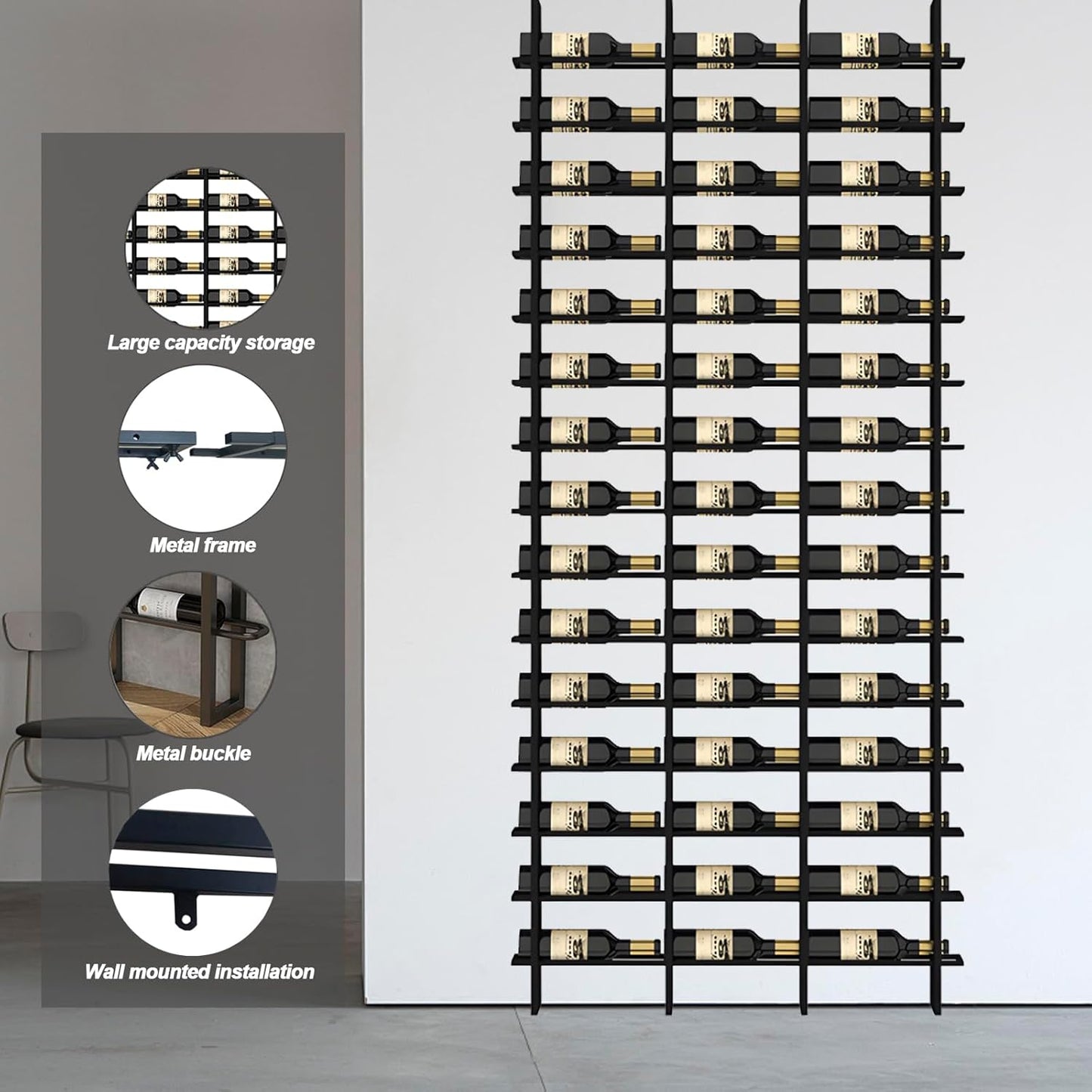 Wine Rack Freestanding Floor, 16 Tier 80 Bottle Capacity Display Holder, Black Industrial Wine Bottle Storage Shelves, for Any Bar, Wine Cellar, Kitchen, Dining Room (Black, 5 Column)