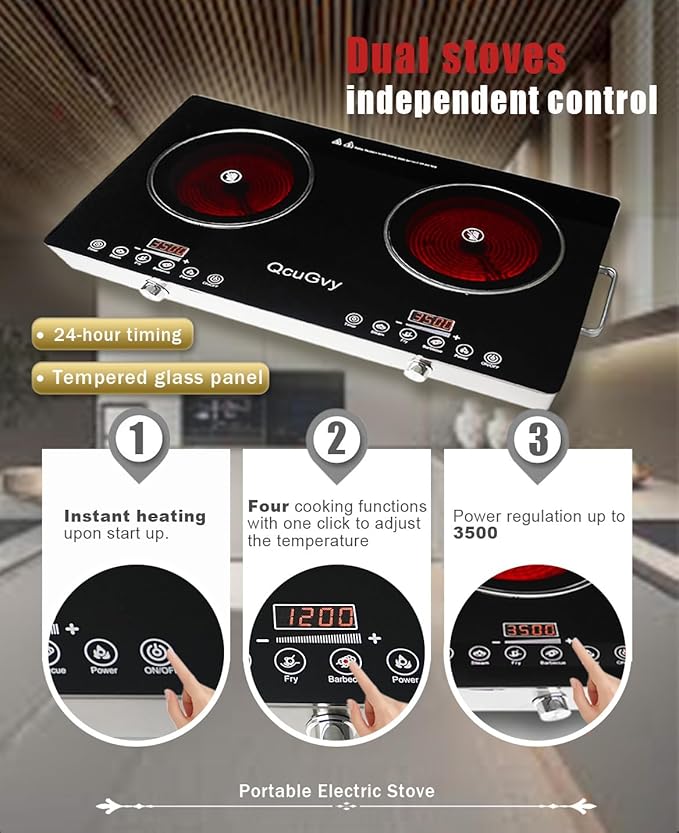 23" Portable Infrared 2 Burner 3500 Electri Burner with 2 Hours Timer-Electric Hot Plate Touch Control Panel Adjustable Heating Power Glass Plate Electric Cooktop for Cooking