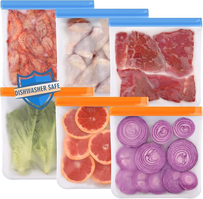 Lerine 6 Pack Reusable Gallon Freezer Bags Dishwasher Safe, BPA Free Reusable Freezer Bags 1 Gallon, Extra Thick Leakproof Food Storage Bags for Marinate Meats, Veggies,Fruits (Multicolor, 6Gallon)
