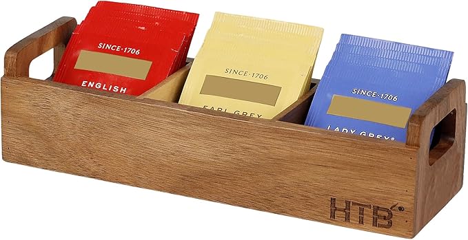 HTB Small Tea Bag Box Wooden, 3 Compartments Acacia Wood Tea Bag Chest with Handle, Mini Countertop Divided Storage Container for Beverage Supplies, Sugar, Sweeteners, Individual Packets