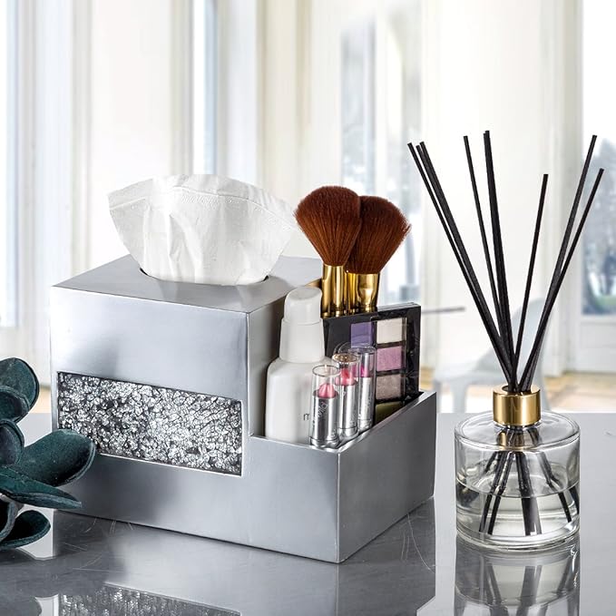 Crackled Glass Tissue Box Cover Square Silver Decorative Multi-function Storage Organizer Caddy; Tissue Box Holder & Countertop Nightstand Bedside Table Organizer Makeup, Phone, Remote Control Holder