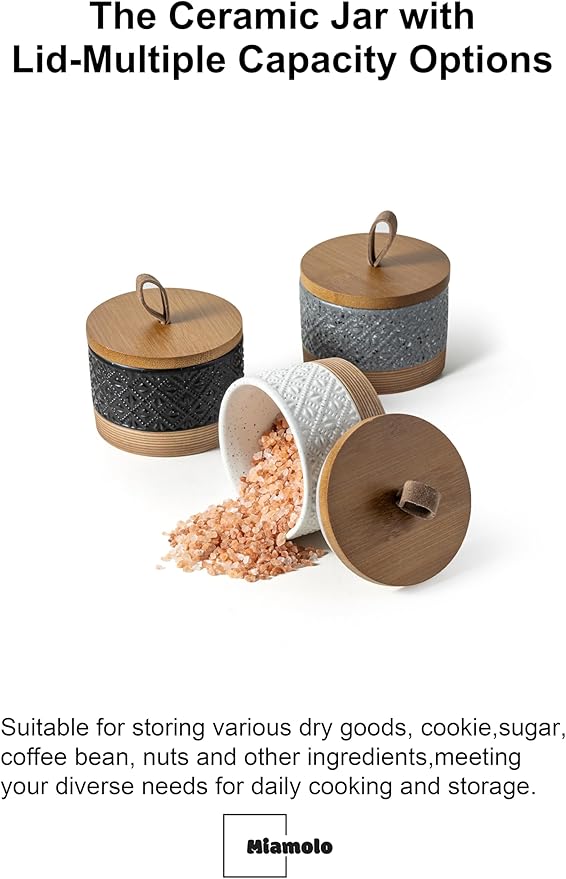 Miamolo Small Ceramic Jar with Lid, Coffee Container Kitchen Food Storage Jars for Sugar Tea Bag, Stackable Decorative Spice Jars for Countertop Coffee Bar Accessories- Gray & 5 fl.oz
