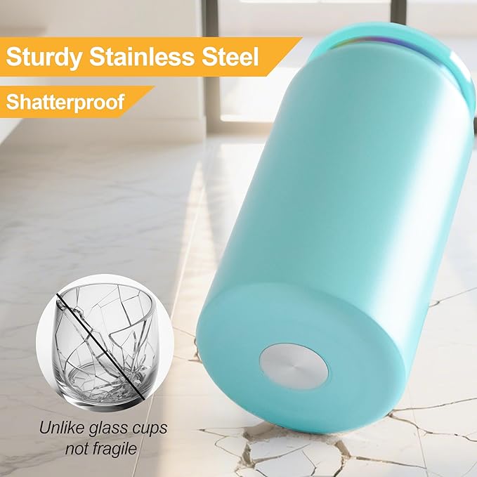 6 Pack Glass Cups with Lids and Straws Unbreakable 16 oz Stainless Steel Can Cup Double Wall Insulated Beer Can Tumbler for Iced Coffee, Juice, Soda, Matte-Colored