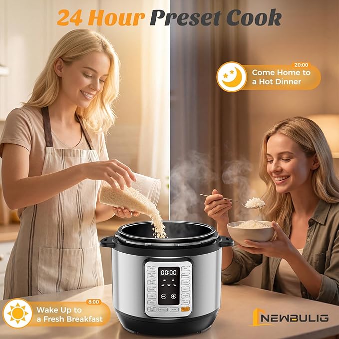NEWBULIG 16-in-1 Electric Pressure Cooker, 8QT Multi Cooker with 12 Presets, Slow Cook Rice Steamer Sauté Soup Meat Stew Canning Yogurt Maker, Ceramic Inner Pot & Recipe Book Included，Silver