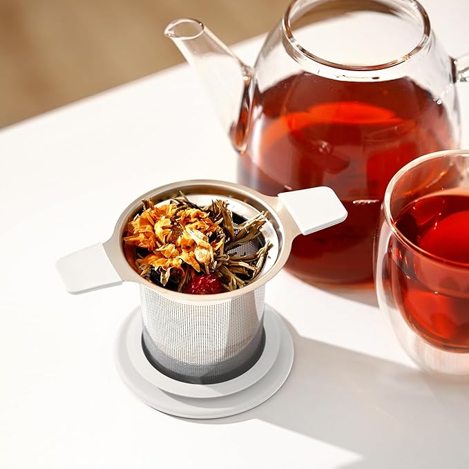 Stainless Steel Tea Infuser for Loose Leaf Tea – Extra Fine Mesh Strainer with Heat Proof Double Handles & Lid, Reusable Filter Fits Mugs, Cups & Teapots, White