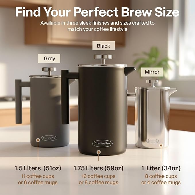 SterlingPro Stainless Steel French Press Coffee Maker 1.5 L (51 oz) Grey – Double Walled Insulated Large Coffee Press, Durable Design Keeps Drinks Hot, Easy to Use and Clean for Rich Flavor Brewing