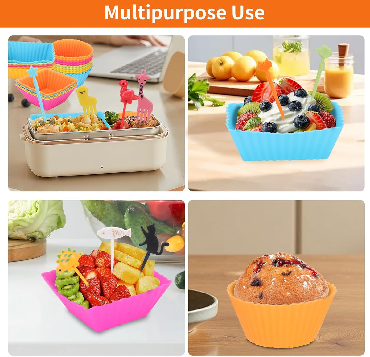 60PCS Silicone Lunch Box Dividers, Heavy-Duty Silicone Cupcake Liners for Muffin Cups, Reusable Kids' Lunch/Bento Box Accessories Set with Animal Forks, Food-Grade, BPA Free(20 Liners + 40 Picks)