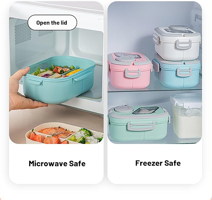 Adults Bento Lunch Box,Salad Container Large 43oz Salad Bowl, Bento-Style Tray for Toppings, 3oz Sauce Container for Dressings, and Built-In Reusable Fork (Green)