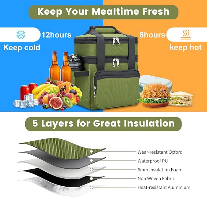 holuxer Insulated Lunch Bag & Lunch Box for Men - Double Deck Reusable Lunch Bag for Women Tote Cooler Bag Leakproof Soft Expandable - Large Lunchbox for Work/Adult/Picnic/Outdoor (Green，15L)
