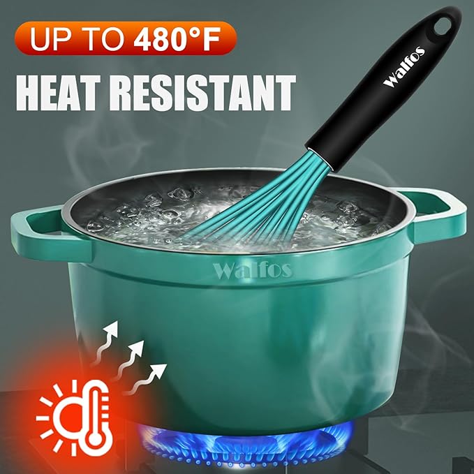 Walfos Silicone whisk,Whisks for Cooking Non Scratch, BPA Free whisk set of 4, 7+9+11in Balloon Whisks & 11in Flat Whisk, Heat Resistant(480°F).Great for Cooking in Pans, Baking, Whisking.Blue