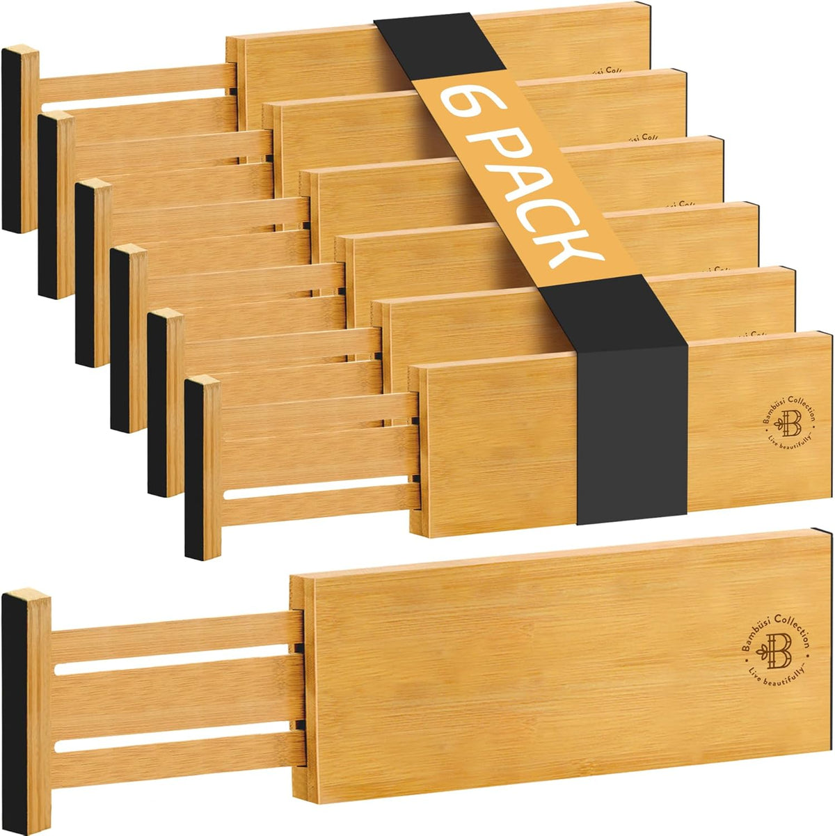 6 Pack Drawer Dividers 6 Inch High, 11”-17" Adjustable Bamboo Organizers Large Expandable Drawer Separators for Cloths, Dresser, Bedroom, Bathroom, Baby Drawer, Office & Kitchen Utensils (Natural)