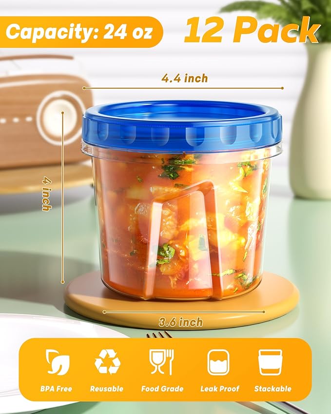 BiuLeon 12 Pack-24 oz Freezer Storage Containers, Plastic Food Storage Containers with Twist Top Lids, BPA Free and Reusable Soup Containers with Lids, Leakproof/Microwave/Dishwasher Safe