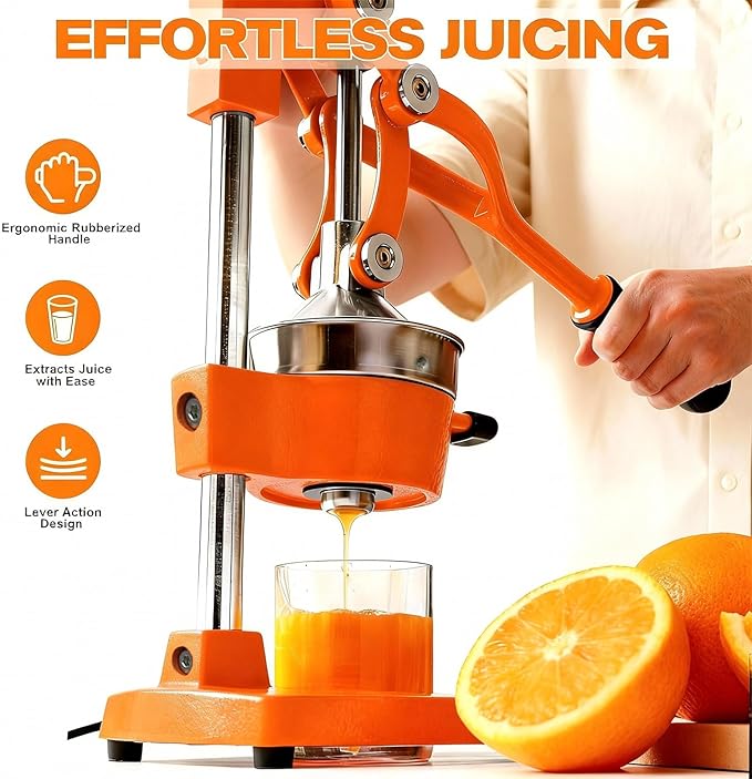 Cast Iron Citrus Juicer - 13.8LB Heavy Duty Manual Orange Press, 304 Stainless Steel Cup & Strainer, Professional Lemon Grapefruit Pomegranate Squeezer for Home Bar Kitchen, Orange