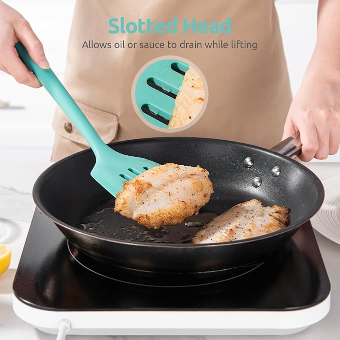 U-Taste 18/8 Stainless Steel Measuring Cups and Spoons (Set of 10, Multicolor), and 600ºF Heat Resistant Silicone Turners, 13.6in Long Solid & Slotted Kitchen Spatula (Aqua Sky)