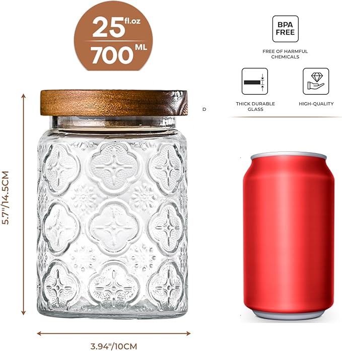 Adodeen 3-Pack 24oz Vintage Glass Jar With Lid, Glass Storage Containers, Airtight Kitchen Storage Containers For Sugar, Coffee, Tea, Spice, Flour, Candy Cookie, Pasta, Cereal