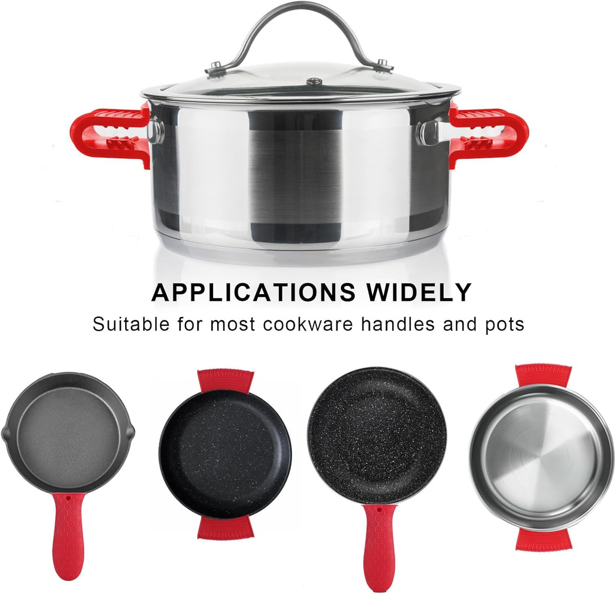 4 Pcs Non-Slip Silicone Hot Handle Holder & Assist Grips, Potholder for Cast Iron Skillets, Heat Resistant Handle Cover Sleeve for Frying Pans, Casserole, Cookware Handles, Red