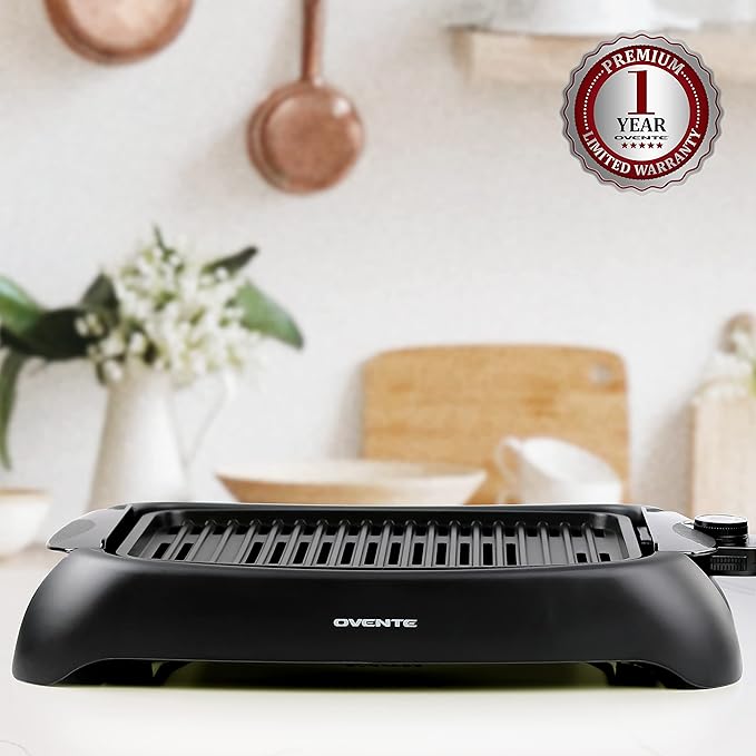 OVENTE Electric Indoor Grill with 13x10 Inch Non-Stick Cooking Surface, 1000W Fast Heat Up Power, Adjustable Temperature, Removable and Dishwasher Safe Grilling Plate and Drip Tray, Black GD1632NLB