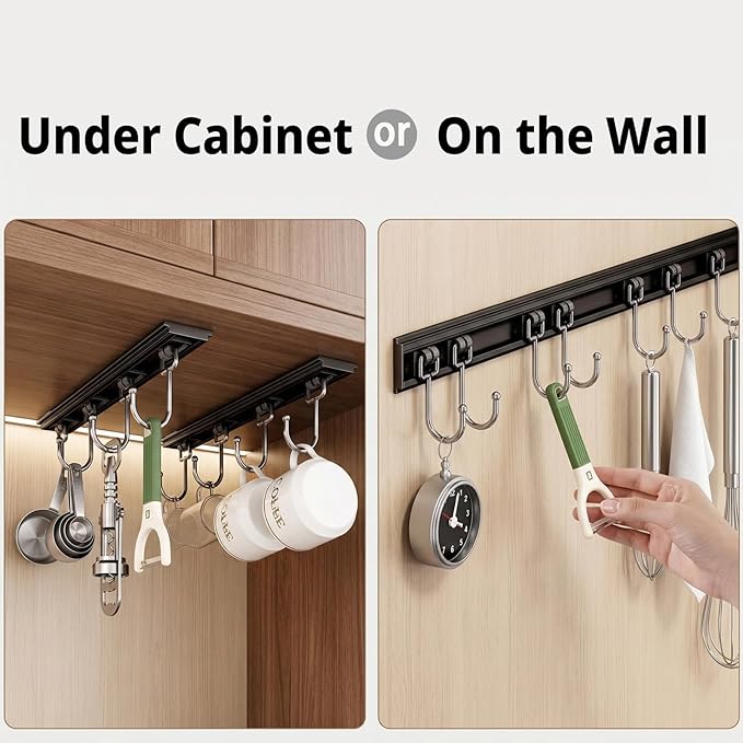 2pcs Utensil Racks with 6 Hooks 11 Inch Mug Holder Under Cabinet Kitchen Utensil Holders Multifunctional (11 inch)
