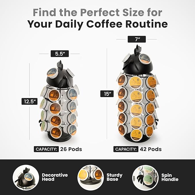 Made Easy Kit Carousel Coffee Pod Holder - Compatible with Keurig K-Pods K-Cups - Countertop 360 Spin Rack Storage Organizer - Revolving Base - Capsule Café Station Bar (Rooster Black, Small)