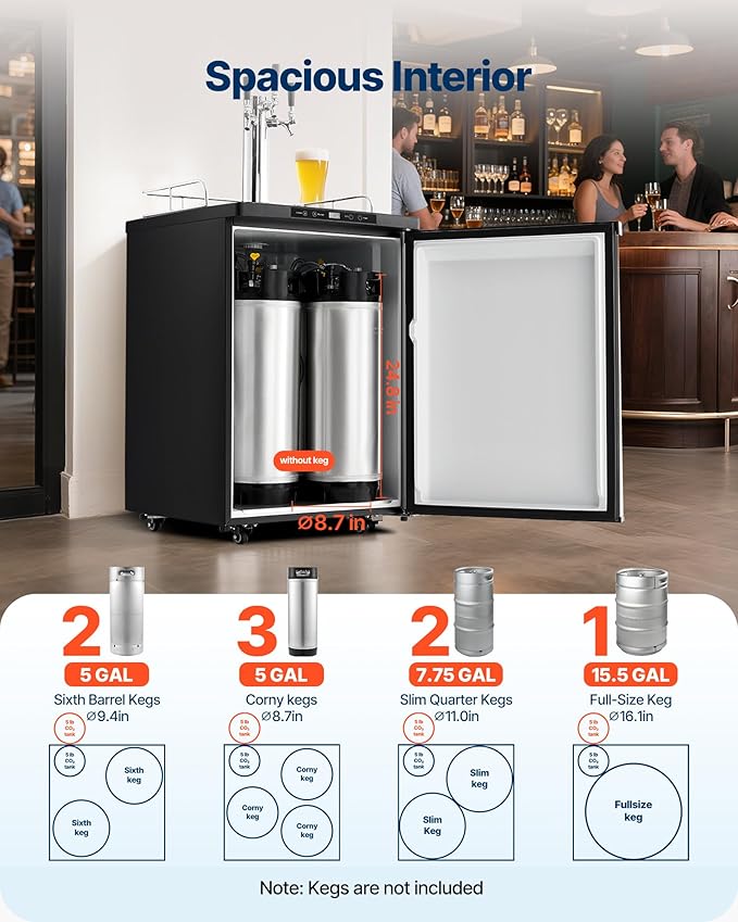 VEVOR Beer Kegerator, Triple Tap Commercial Draft Beer Dispenser for D system, Full Size Keg Refrigerator with 5lbs CO2 Tank, Hold 3 Sixth/2 Slim/3 Ball lock keg (3 taps - ball lock)