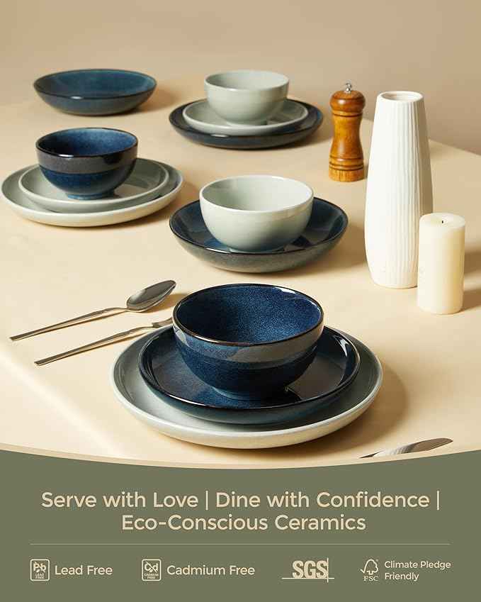 18 Piece Dinnerware Set for 6, Reactive Glaze Terracotta Plates and Bowls Set, Large Family-Sized Stoneware Dish Set for Gatherings, Chip and Scratch Resistant, Slate Green