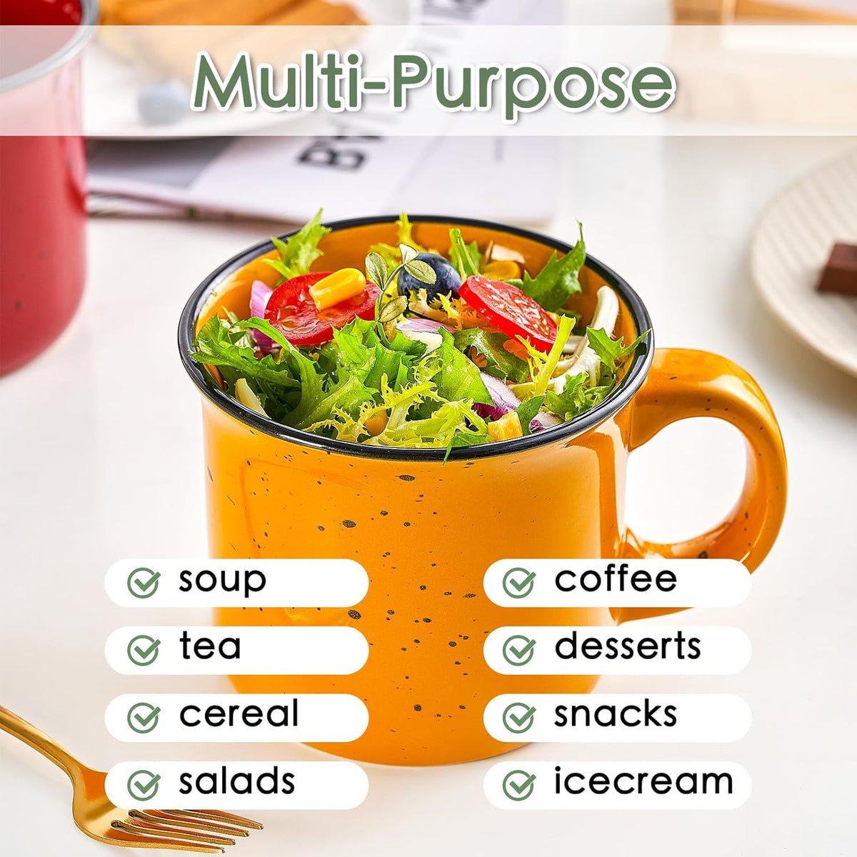 bestone Coffee Mugs Set of 4，16 oz Large Coffee Mugs, Ceramic Mugs with Handles,Salad,Noodles etc Coffee Mugs, Cups for Coffee Cereal Latte ，Microwave & Dishwasher safe，Yellow