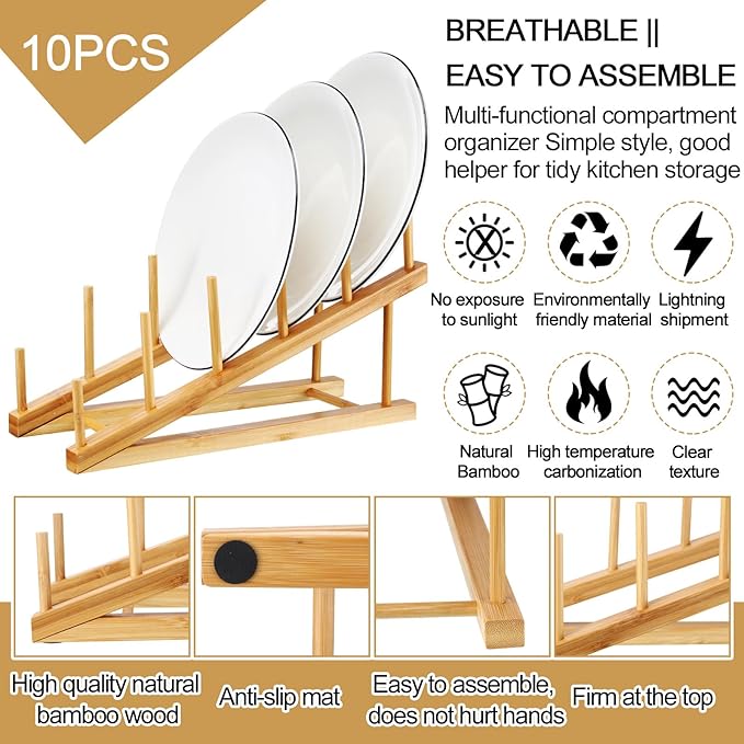 Suclain 10 Pcs Wooden Bamboo Dish Drying Rack Kitchen Cabinet Organizer for Cabinet Cutting Board Display Stand for Dish Plate Bowl Water Bottles Cup Pot Lid Cutting Board
