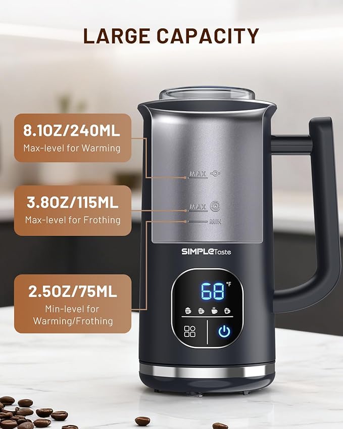 SIMPLETASTE Milk Frother, 4-in-1 Electric Milk Steamer with LED Touch Screen, Automatic Warm and Cold Foam Maker and Milk Warmer for Latte, Cappuccinos, Macchiato