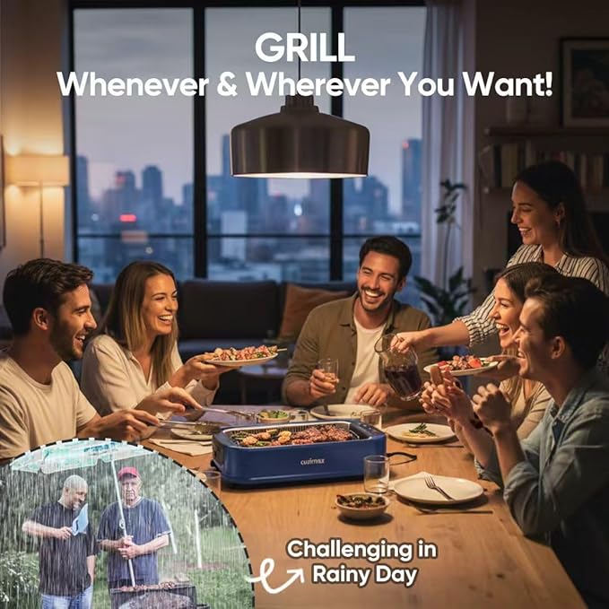 Indoor Grill CUSIMAX Electric Smokeless Grill Portable Korean BBQ with Turbo Smoke Extractor Technology, Non-stick Removable Plate, Tempered Glass Lid, Great for Party(Single Plate)