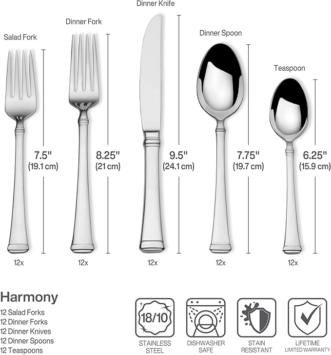 Mikasa Harmony 65-Piece 18/10 Stainless Steel Flatware Set, Service for 12, Polished Silverware with Serving Utensils, Dishwasher Safe (Pack of 2)