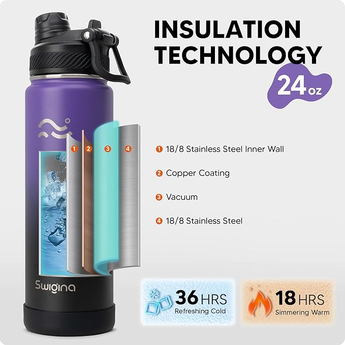 Swigina [2-IN-1 LID] Insulated Water Bottle with Silicone Boot (36hrs Cold/18hrs Hot) - DIY Stickers, Leakproof, BPA Free, 24 oz