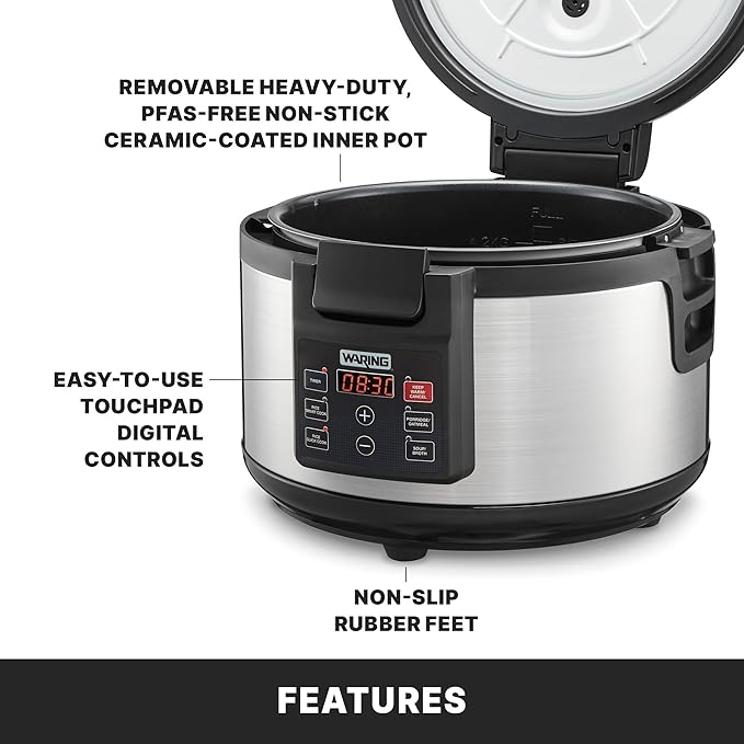 Waring Commercial 60 Cup (30 Cup Uncooked) Rice Cooker with Countdown Timer, Includes Paddle, Rice Cup, and Silicone Anti-Scratch Pad. Multifunction for Porridge, Oatmeal, Soup or Broth, WRC60