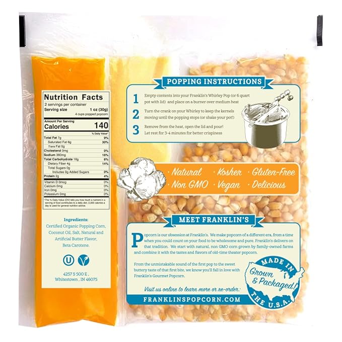 Franklin's Gourmet Popcorn All-In-One Popcorn Packs for Popcorn Machine - 2oz Pack of 10 - Packs of Organic Corn Kernels with Buttery Salt & Oil | Made in USA