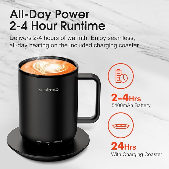 Vsitoo S3 Plus 14oz Heated Coffee Mug - Temperature Control Smart Mug with Mug Warmer, Auto-Sensing AI Heats Drinks to 120-150°F Hands-Free.Ideal for Home/Office/Gifts，Black