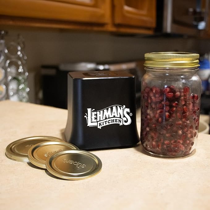 Lehman's Mason Jar Vacuum Sealer, Cordless, Easy One-Touch Operation, Extends Freshness, Includes 6 Canning Lids (3 Wide-Mouth, 3 Regular-Mouth), Rechargeable Battery, Ideal for Food Storage