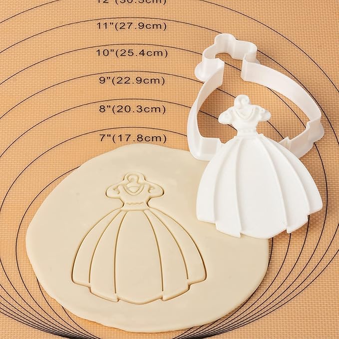 Flycalf Wedding Cookie Cutters Dress Shapes with 3D Stamper Eco-Friendly PLA Kitchen Cake Decorating Bridal Shower Gifts for Kids 4" Baking Embossing Stamps Mold Supplies Biscuit Fondant Tools