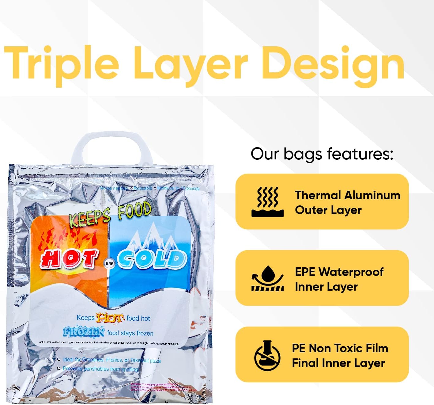 Superio Hot and Cold Insulated Bags for Food Delivery, Grocery Shopping Bags, Food Storage for Hot and Frozen Food for Travel, Disposable Cooler Bag, Reinforced Thermal Lunch Bag (6, 16"x5.5"x19")