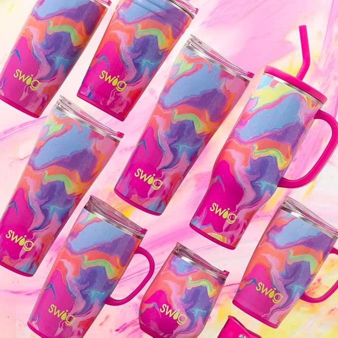 Swig Life 22oz Insulated Tumbler, Travel Coffee Tumbler with Lid, Cup Holder Friendly Travel Coffee Mug, Stainless Steel, 22 oz Tumblers, Reusable Insulated Mug with Lid (Candy Crush)