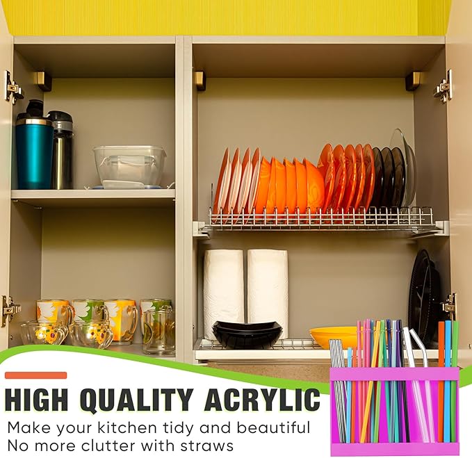 Qinyoung Acrylic Straw Holder for Cabinet Door with Double Sided Adhesive Tape Reusable Straw Organizer Tumbler Storage Kitchen Accessories Container for Counter Cupboard(Classic,Large,Hot Pink)