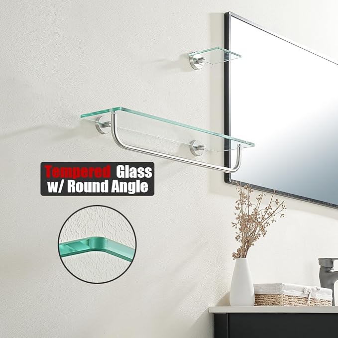 JQK Bathroom Glass Shelf, Shelf with 19 Inch Towel Bar Tempered Glass Shower Storage 20 by 5 inches, 304 Stainless Steel Brushed Finish Wall Mount, TGS100L20-BN