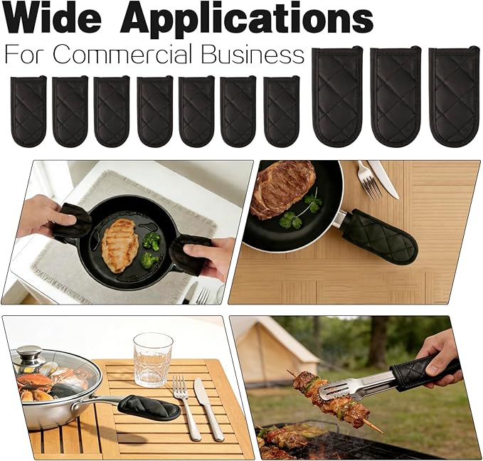 24 Pack Heat Resistant Cast Iron Handle Covers, Non-Slip Cotton Skillet Sleeves for Hot Pot & Pan, Washable Quilted Cookware Protectors for Baking & BBQ, Black (6.1 x 3.3 in)