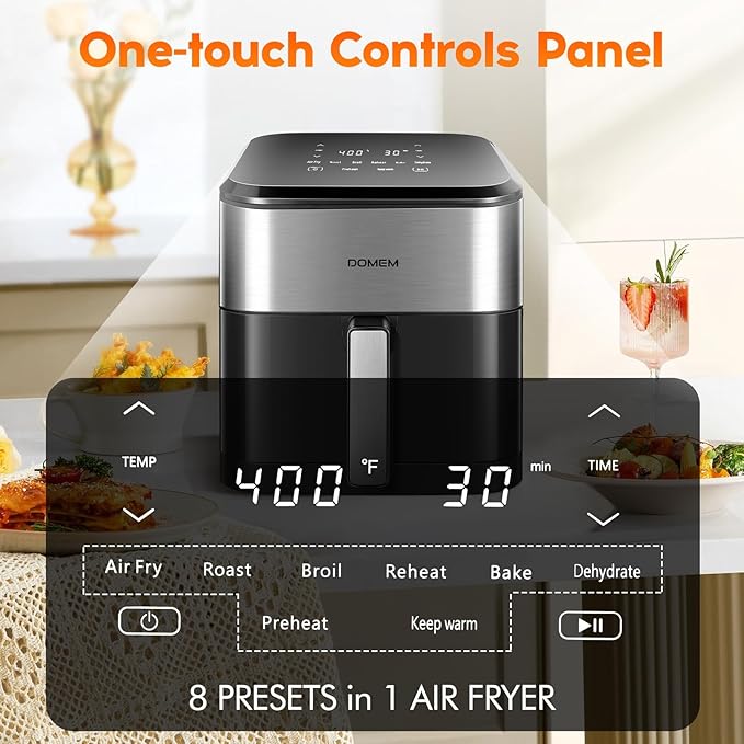 6.2 Qt 1500W Large-Capacity Air Fryer with Non-Stick Basket, 8-in-1 Multi-Function Air Fryer with Preset, Cooker for Healthy and Low-Oil Meals, Convenient Operation