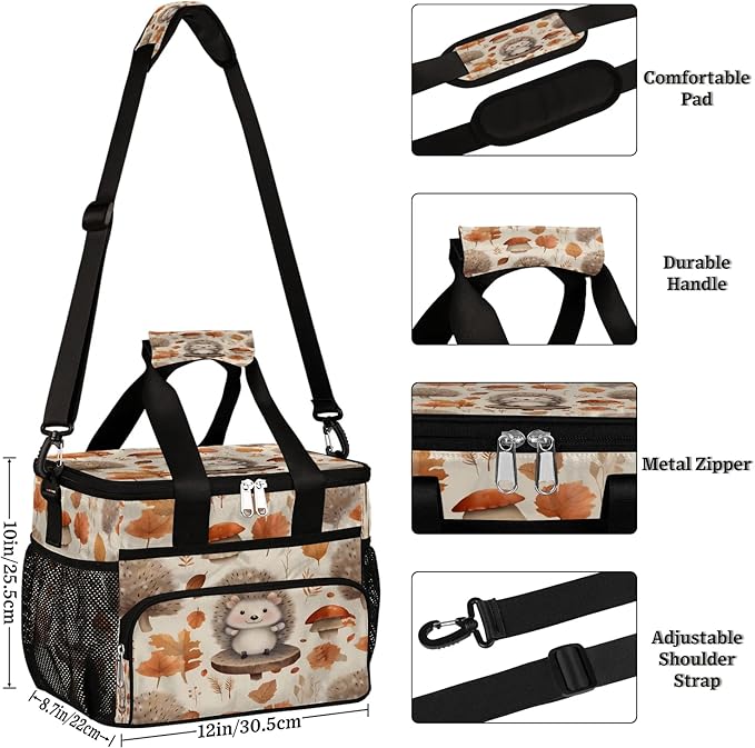 Pardick Lunch Box for Women Men Fall Hedgehog Leaf Insulated Lunch Bag Leakproof Large Lunchbox for Adults with Adjustable Shoulder Strap, Cooler Tote Bag for Work, Picnic, Beach