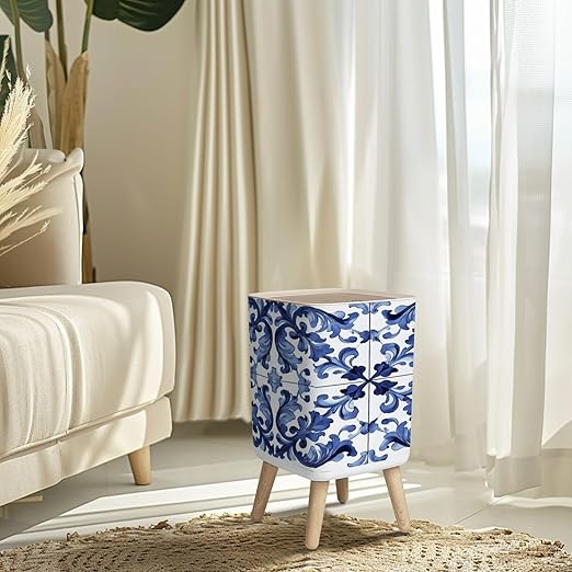 Small Trash Can with Lid Sicilian ceramic style tile featuring blue decorative flourishes Wastebasket with Press Cover Dog Proof Garbage Can Waste Bin for Kitchen Bathroom Nursery 2.6 Gallon