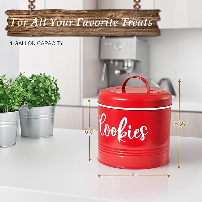 DAYYET Farmhouse Cookie Jar for Kitchen Counter, 1 Gallon Vintage Cookie Jar with Airtight Lid, Large Food Storage Container for Candy, Cookies, Dessert, Red Kitchen Decor and Accessories