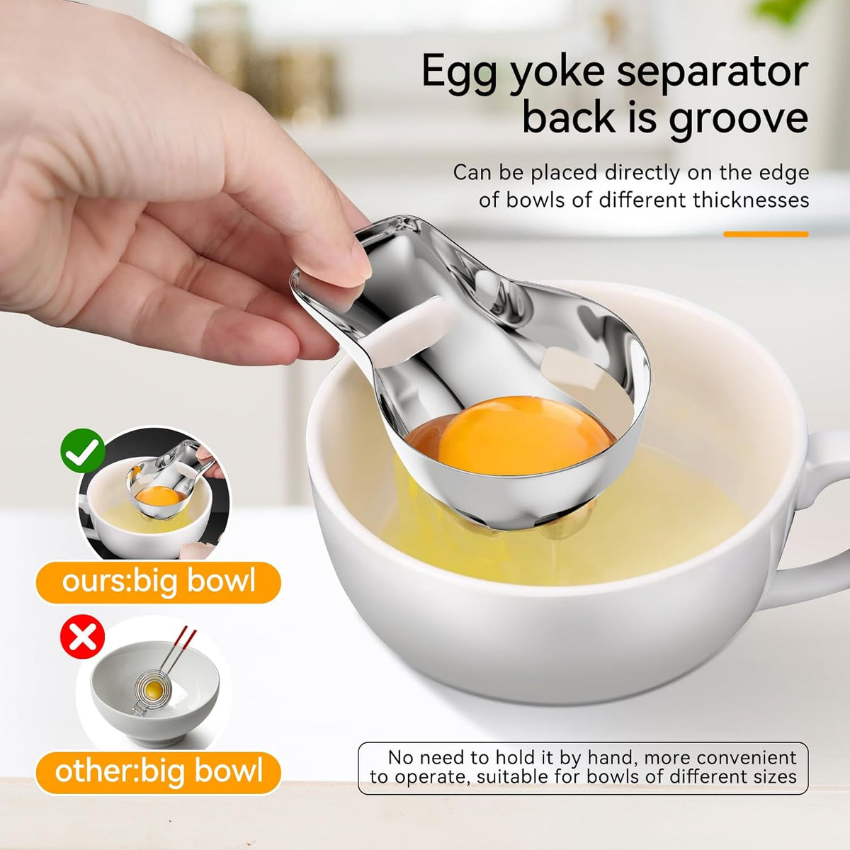 Egg Yolk Separator，Egg Separator for Raw Eggs,Food Grade Stainless Steel Egg Yolk White Separator, Kitchen Baking Gadgets